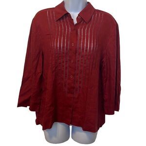 Rena Rowan Vintage Burgundy 100% Linen Ladder Crochet Button Down Blouse Sz 14